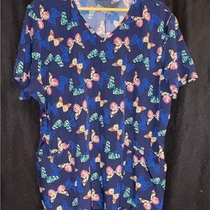 Scrubstar Blue Colorful Butterfly Print Scrub Top 2X